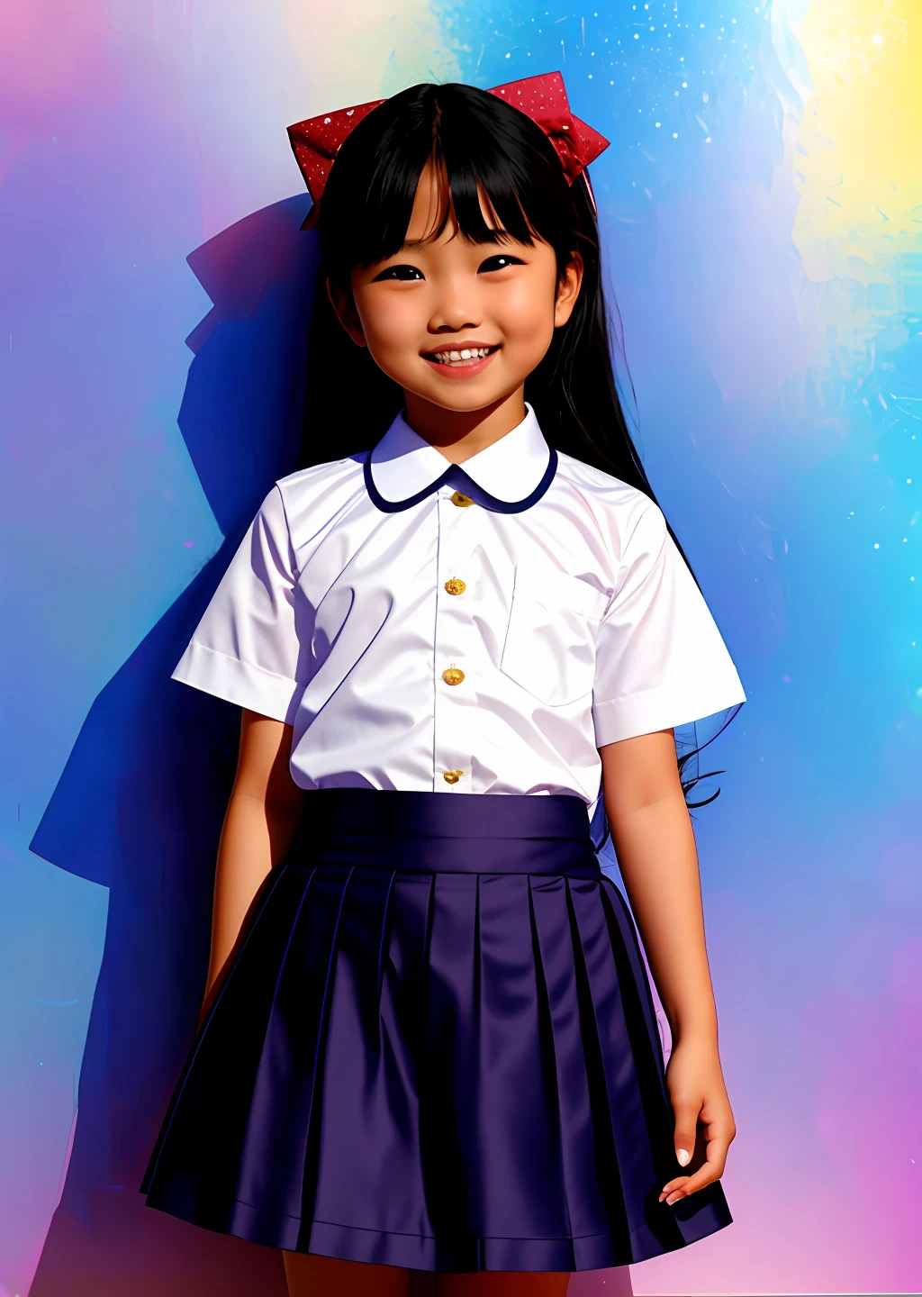 Fashion photography of children, school uniform skirt, strong sense of design, medium shot, , Chinese little girl, loir accessories, delicate skin, happy laughing, simple background, high texture, glare backlight, photography Shed Professional Lighting