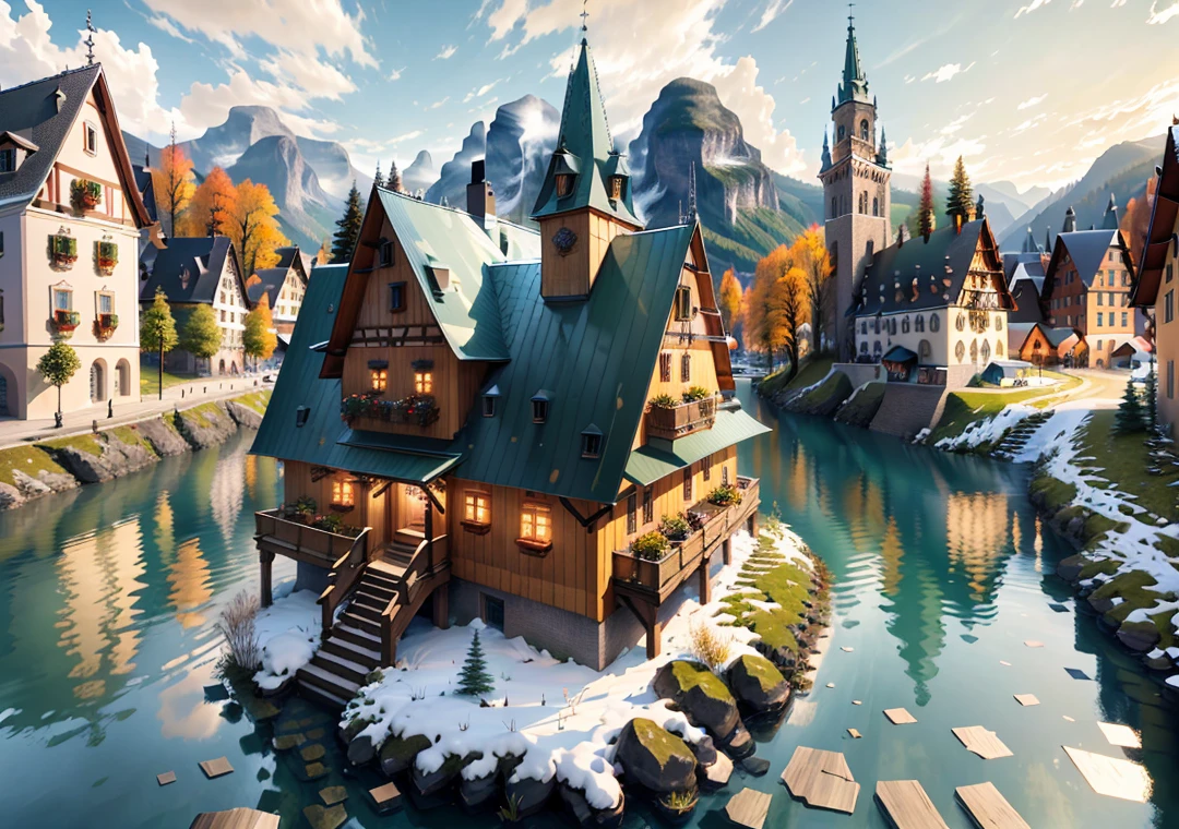 (((singel build))), beautiful isometric game art,（architectural design ），building at the center of vision，（（（Hallstatt small town style）））, Swiss and Austrian rural architectural style, clear structure, ((adding some fantasy elements to the building)), (cute), exquisite,masterpiece, best quality, high quality, extremely detailed CG， unity， 8k，