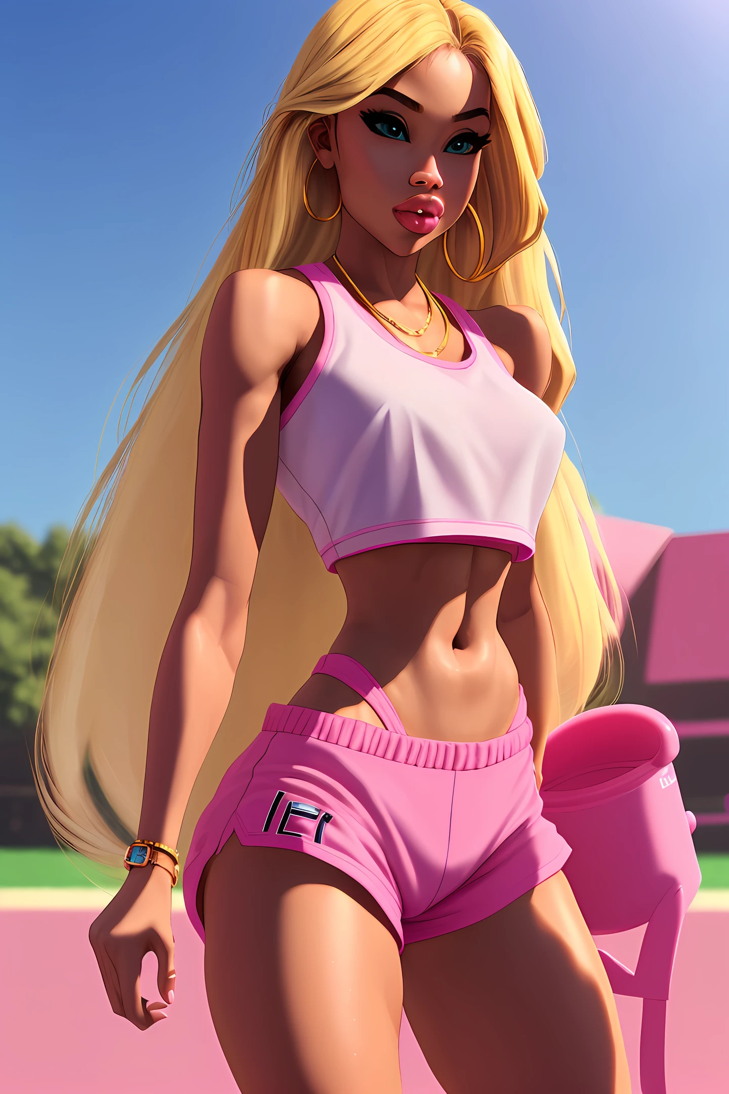 thepit bimbo, loli, 1 girl, blonde hair, long hair, petite, flat chest, pink crop top, gym shorts
