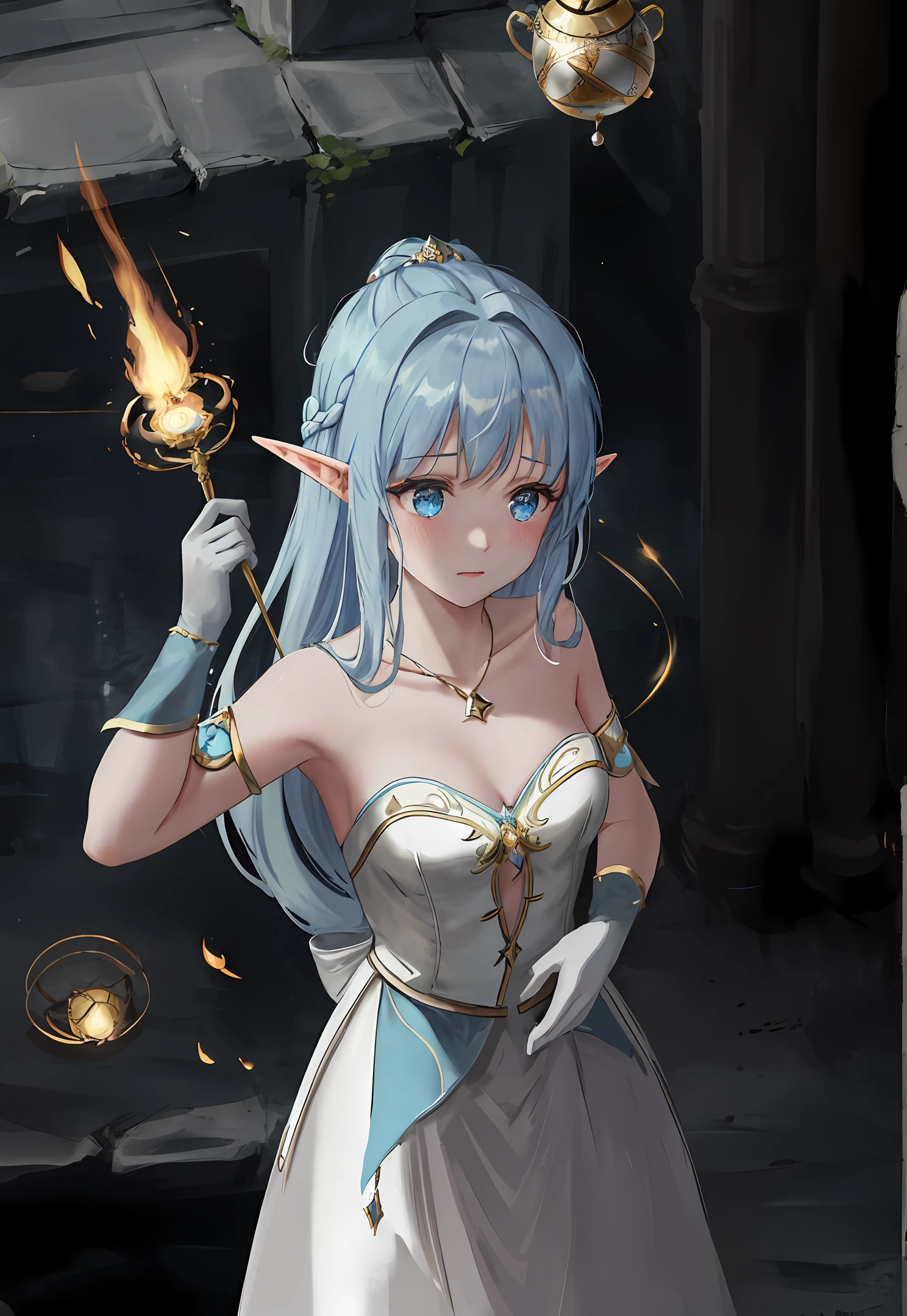 [hyper realistic:(unreal engine):realistic:,0.5,0.99:bezier], petite 1girl,(beautiful delicate face), (mist), (magic energy), stream of (genie magic:1.2), holy mage, elf,  oiled skin, upper body, looking at viewer, puffy disheveled hair, beautiful dress, (volumetric lighting), atmospheric perspective, dust particles, light shaft