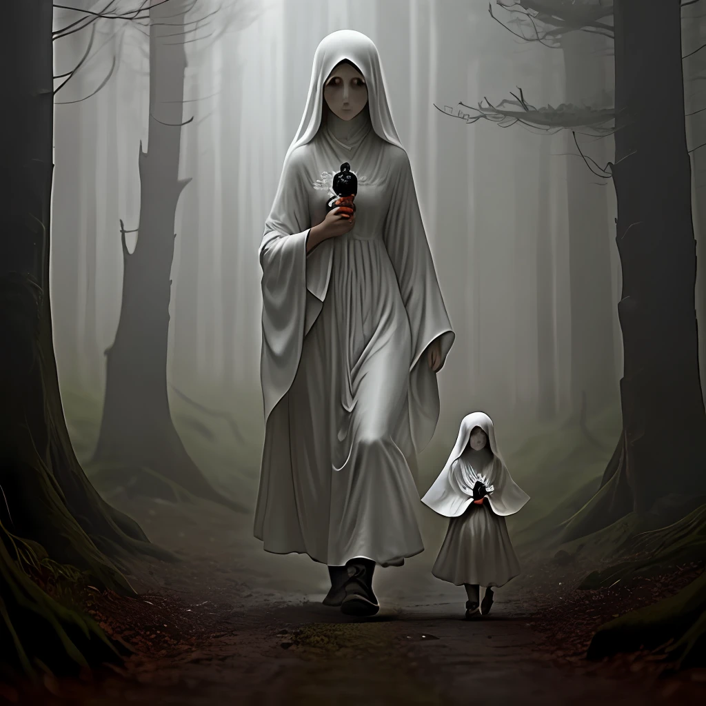 Ghost mother holding ghost doll, walking in foggy forest, complete body