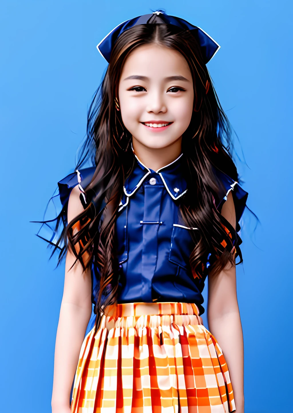Fashion photography of children, school uniform skirt, strong sense of design, medium shot, , Chinese little girl, loir accessories, delicate skin, happy laughing, simple background, high texture, glare backlight, photography Shed Professional Lighting