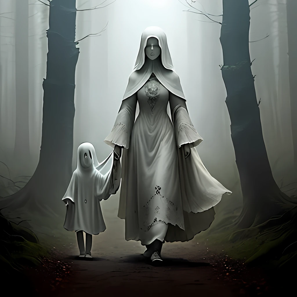 The ghost mother is holding the hand of the ghost doll, walking in the foggy forest, with a complete body, and the ghost doll takes a severed hand from her hand