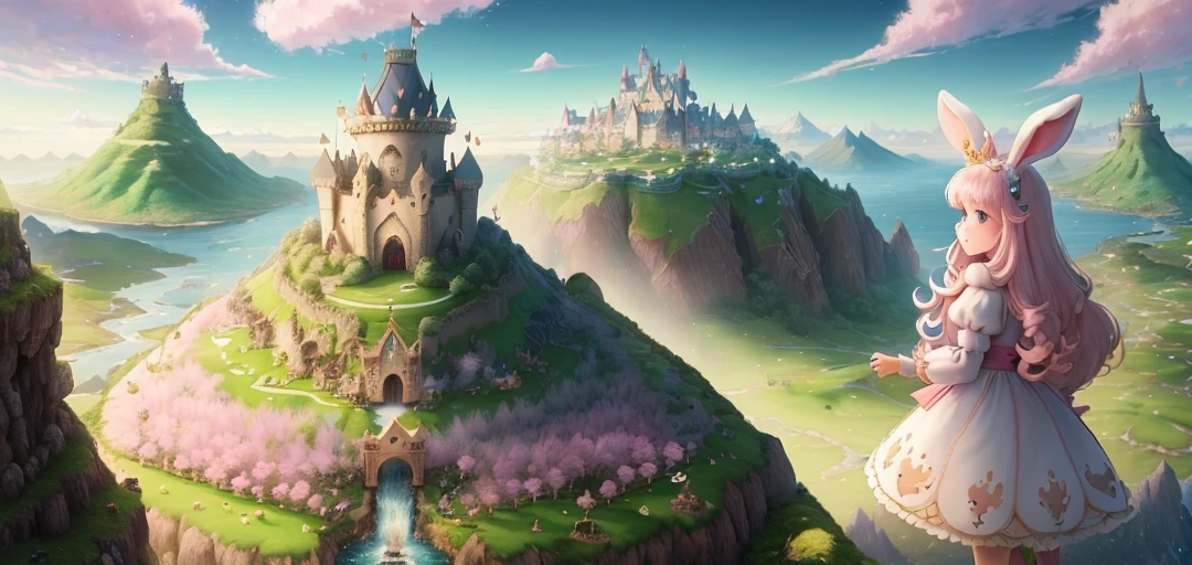 ((masterpiece)) bunny kingdom, anime, cute little bunny, vast landscape with bunnies, lots of bunnies running around, an army of bunnies, castles, towers, villages, pink trees blossoms, air ships, carts, more bunnies, un close bunnies, bunny village, distant volcano, bunny princess, standing looking at her kingdom, beautiful illustration, candy landscape, waterfalls, board game art style