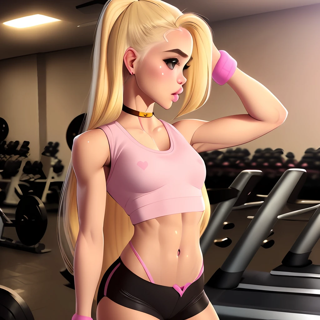 thepit bimbo, , 1 girl, blonde hair, long hair, petite, flat chest, pink crop top, gym shorts