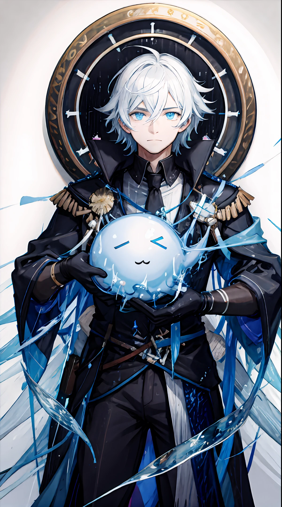 Fine, (Best Illustration), 8k Resolution, Intricate Details, Best Quality, Realistic, Ultra Detailed, Best Lighting, Best Shadows, Ultra HD, ((((Handsome Young Man))), ((teenage :1.5)), (luminous blue eyes), ((light eyes)), ((((short white hair: 1.1))), ((black clothes)), (prince\\(indifferent expression\\) ,, (((Wears high detail luxurious black robe))), white hair, ((blue skin)), ((pectoral muscles)), slime