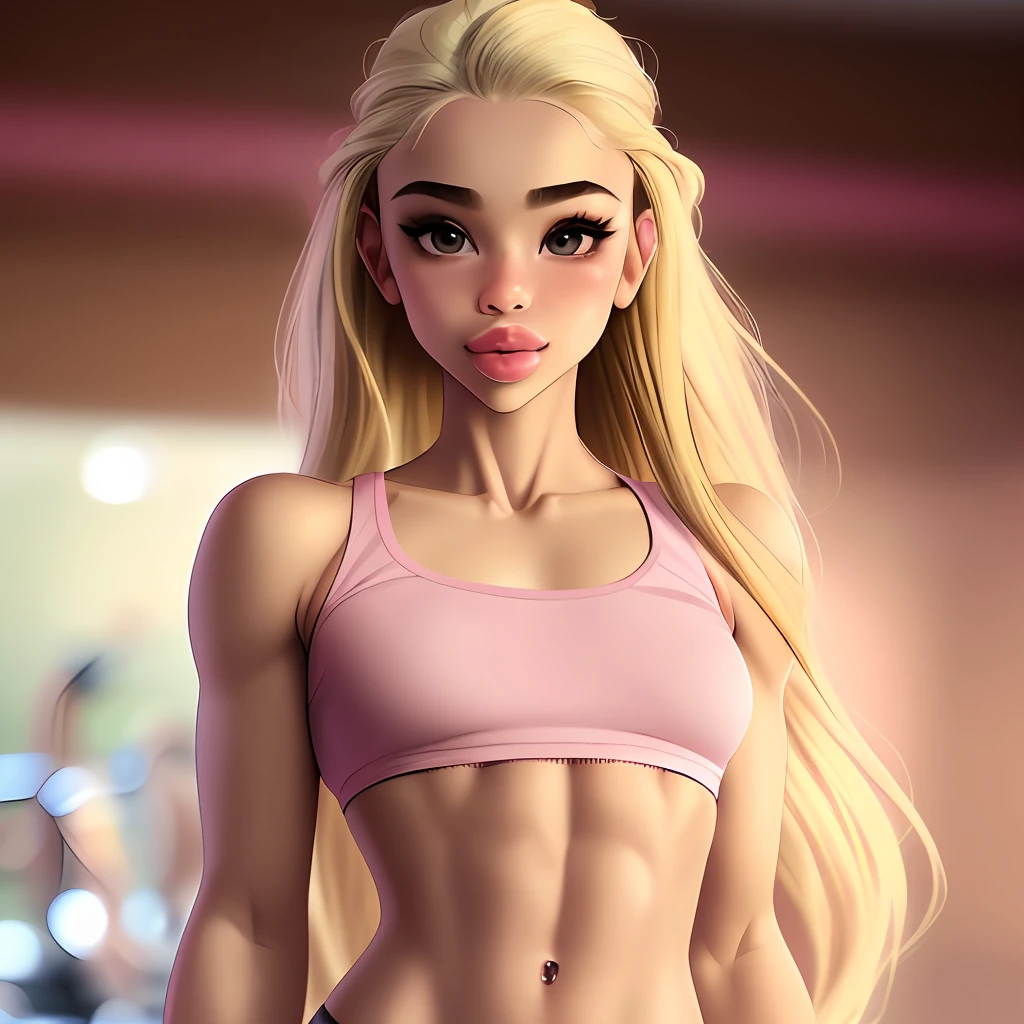 thepit bimbo, loli, 1 girl, blonde hair, long hair, petite, flat chest, pink crop top, gym shorts