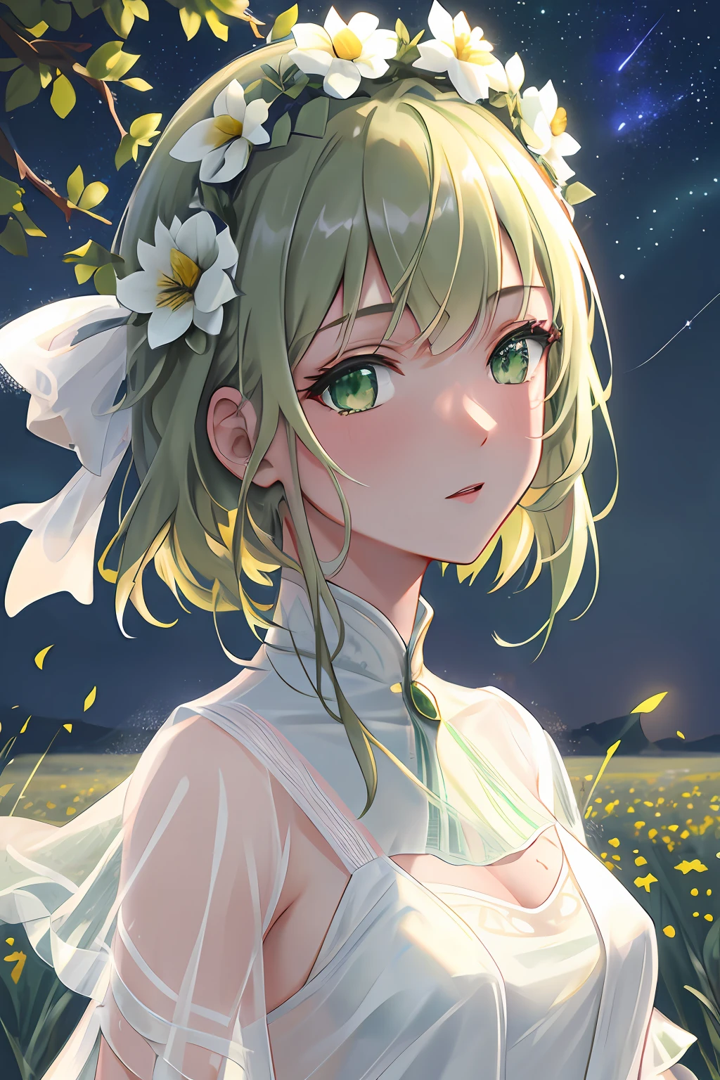 nikon z6, 75 mm f1.4, face detailed, award winning photograph of front lit, Ukrainian woman, goddess, blond, ((((very detailed green eyes)))), flower crown, ((wearing transparent sheer White Dress)), petite, fit, gorgeous body, puffy, erect, standing in field of wild flowers, ((night sky with stars in background)), ((high detailed skin, skin details)), sharp focus, volumetric fog, 8k uhd, dslr, high quality, film grain, Glamor photography, professional, 4k, artstation, artgerm. detailed facial features, high detail, sharp focus, smooth, aesthetic, extremely detailed, photo_\(ultra\), photorealistic, realistic, post-processing, max detail, roughness, real life, ultra realistic, photorealism, photography, 8k uhd, photography, SEMI-SILHOUETTE light, french face