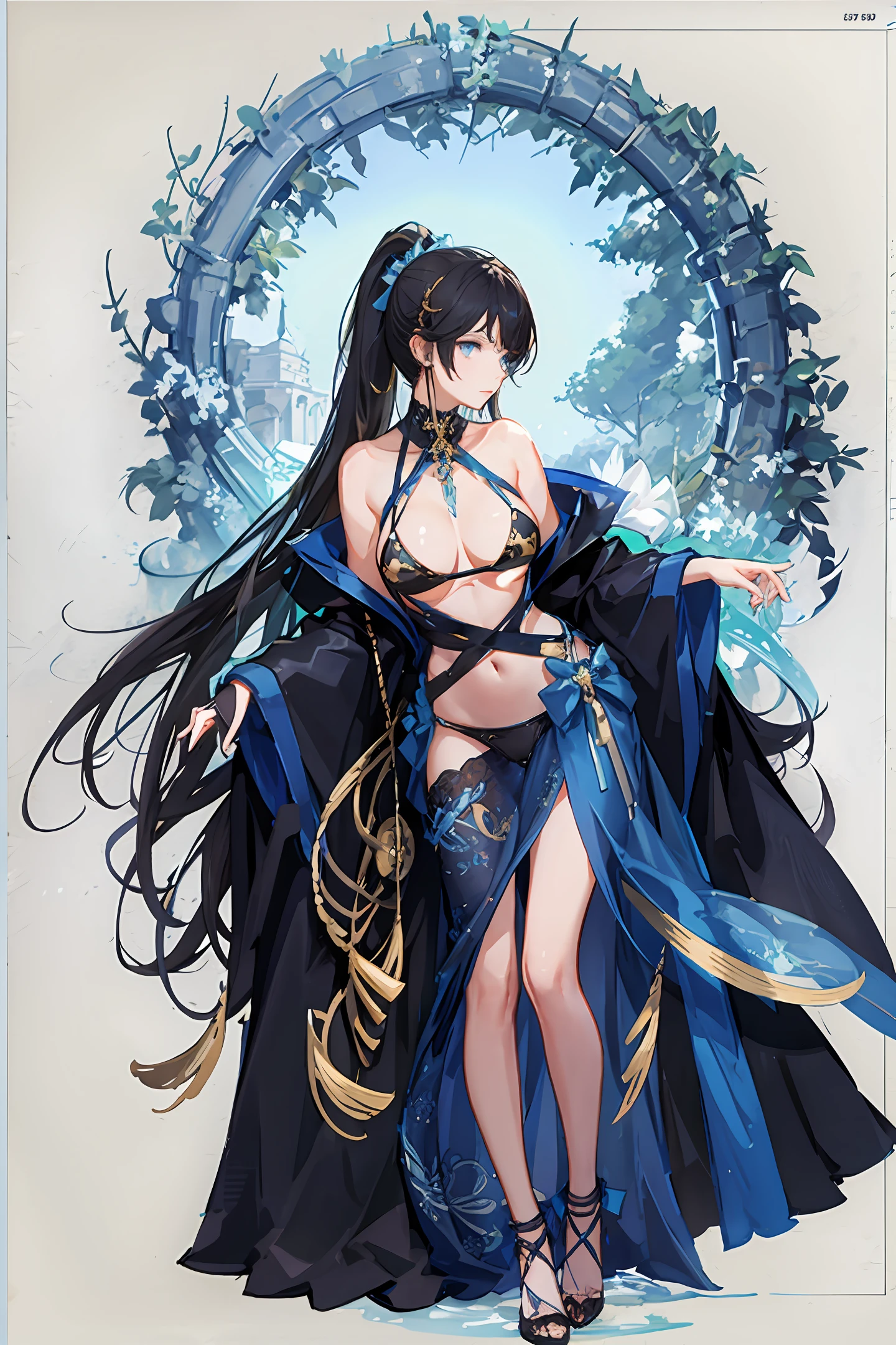 trading card style, art nouveau, standing, detailed face, detailed eyes, beautiful blue eyes, slender woman, divine, long ponytail, huge breasts, black and gold bikini, gold accessories, dark hair