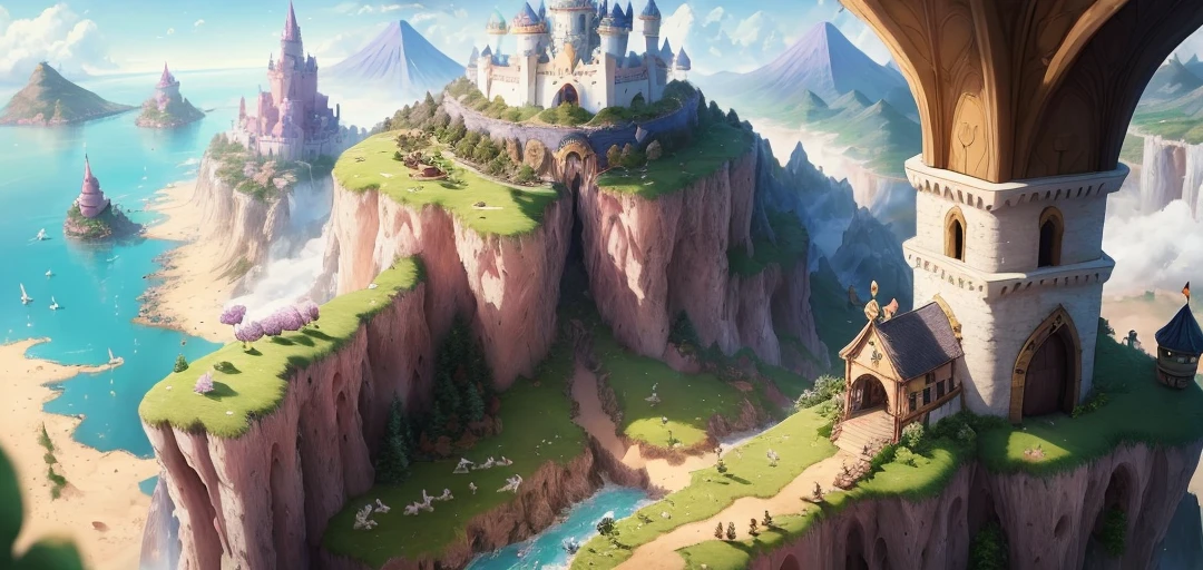 ((masterpiece)) bunny kingdom, anime, cute little bunny, vast landscape with bunnies, lots of bunnies running around, an army of bunnies, castles, towers, villages, pink trees blossoms, air ships, carts, more bunnies, un close bunnies, bunny village, distant volcano, bunny princess, standing looking at her kingdom, beautiful illustration, candy landscape, waterfalls, board game art style, large white tower