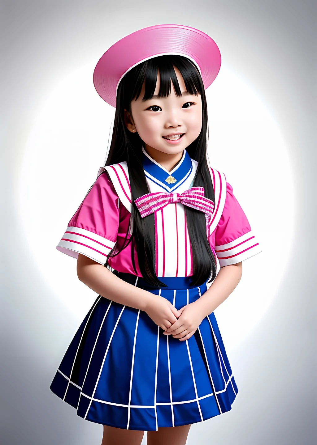 Fashion photography of children, school uniform skirt, strong sense of design, medium shot, , Chinese little girl, loir accessories, delicate skin, happy laughing, simple background, high texture, glare backlight, photography Shed Professional Lighting
