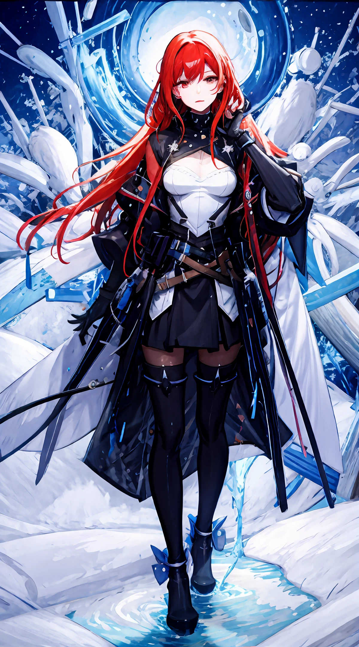 Fine, (best illustration), 8k resolution, intricate details, best quality, realistic, ultra detailed, best lighting, best shadows, ultra hd, ((((beautiful women))), ((age: 1.5)), (glowing red eyes), ((light eyes)), ((((long red hair: 1.1))), ((black clothes)), (prince\\(indifferent expression\\), , (((Wearing high detail luxury black robe))), red hair, ((blue skin)), cute slime
