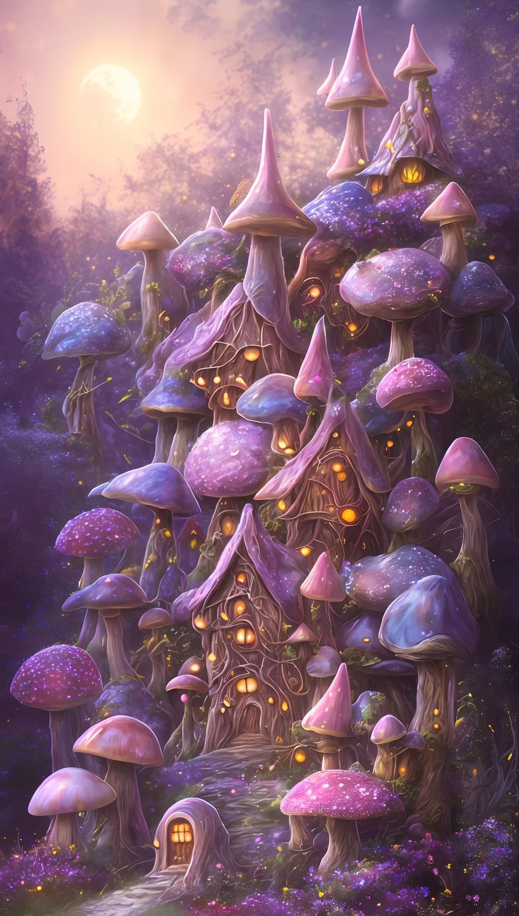 mdjrny-v4 style original, masterpiece, dream light, fantasy, fairy, mushroom houses, little fairy village made out of mushrooms, flowers, forrest, moon light, night time, iredescent lighting, highly detailed, 8k background, twinkle lighting, unreal engine, mushrooms everywhere, rainbow, mushroom temple, mushroom church, fairies flying around, Coprinopsis atramentaria, pink,