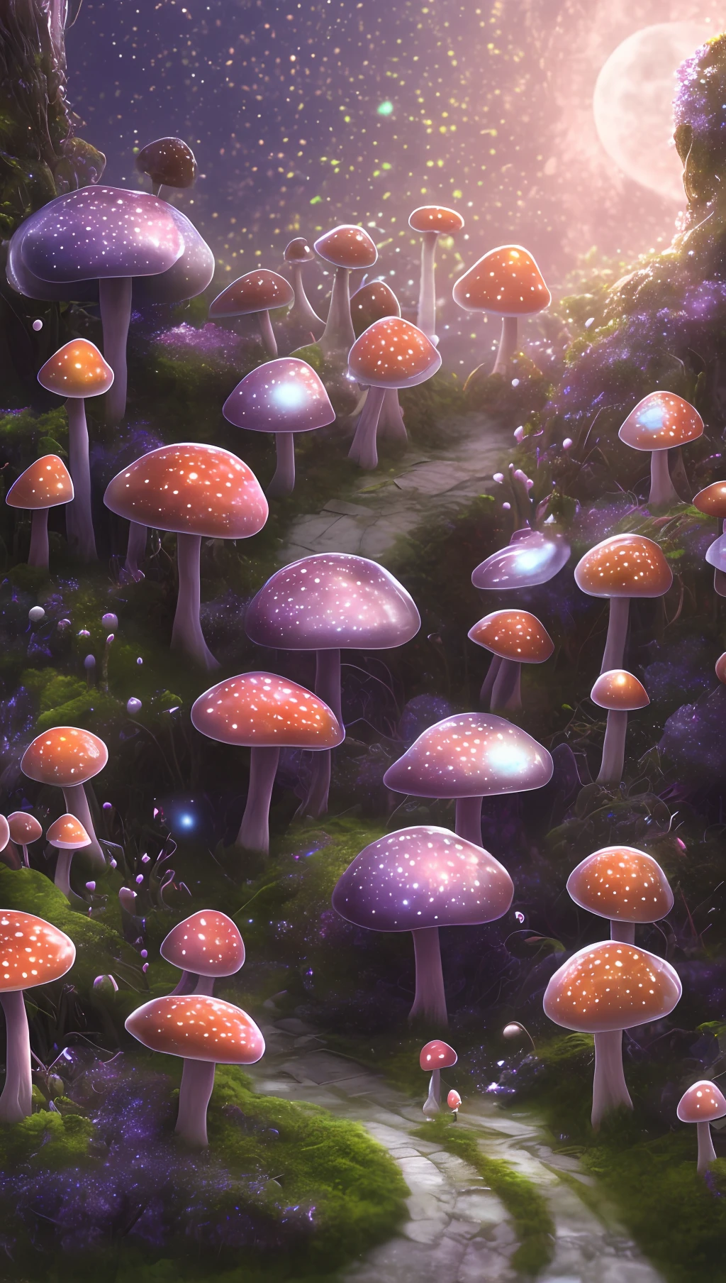 mdjrny-v4 style original, masterpiece, dream light, fantasy, fairy, mushroom houses, little fairy village made out of mushrooms, flowers, forrest, moon light, night time, iredescent lighting, highly detailed, 8k background, twinkle lighting, unreal engine, mushrooms everywhere, rainbow, mushroom temple, mushroom church, fairies flying around, Coprinopsis atramentaria, pink,