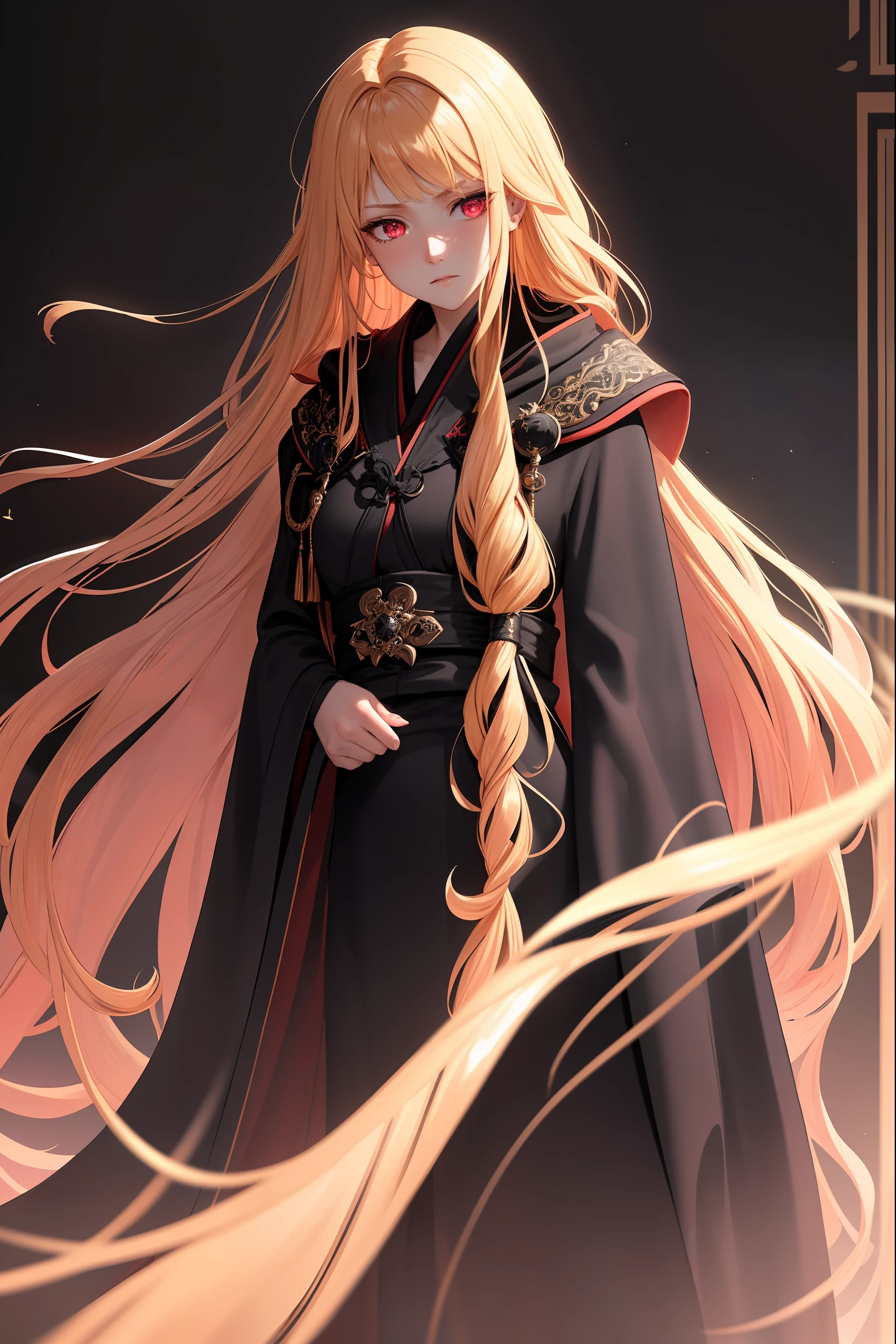 Fine, (best illustration), 8k resolution, intricate details, best quality, realistic, ultra detailed, best lighting, best shadows, ultra hd, ((((beautiful women))), ((teenage: 1.5)), (glowing red eyes), ((glowing eyes)), ((((long blonde hair: 1.1))), ((black clothes)), (prince\\(indifferent expression\\),, (((Wearing high detail luxurious black robe))), red hair, witch, night