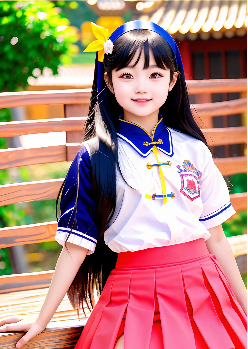 Fashion photography of children, school uniform skirt, strong sense of design, medium shot, 8-year-old girl, Chinese little girl, long hair, hair accessories, delicate skin, happy laughing, simple background, high texture, glare backlight, photography Shed Professional Lighting