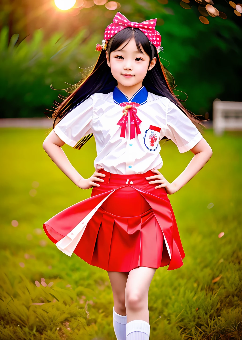 Fashion photography of children, school uniform skirt, strong sense of design, medium shot, 8--old l, Chinese little long hair, hair accessories, delicate skin, happy laughing, simple background, high texture, glare backlight, photography Shed Professional Lighting