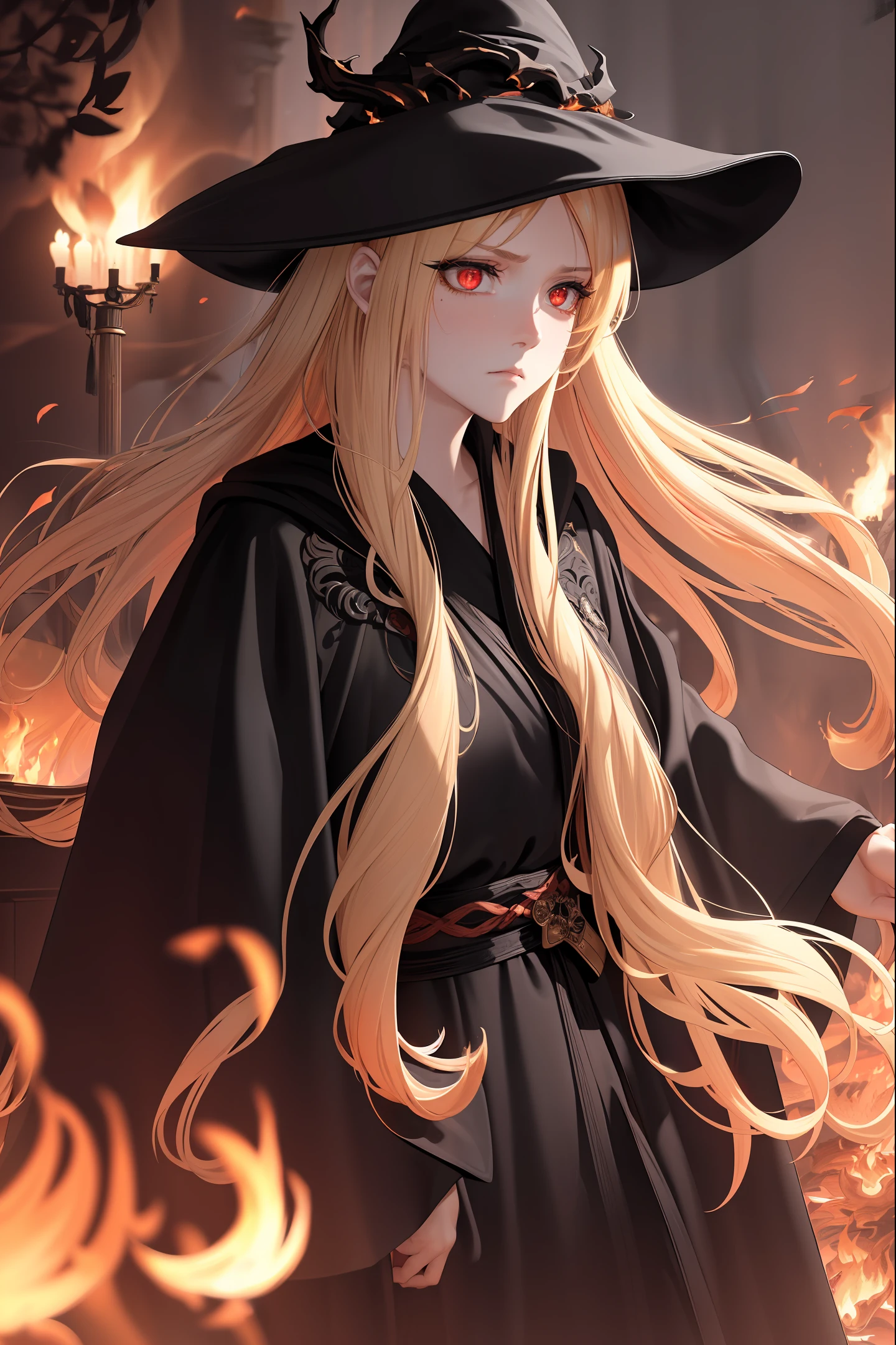 Fine, (best illustration), 8k resolution, intricate details, best quality, realistic, ultra detailed, best lighting, best shadows, ultra hd, ((((beautiful women))), ((teenage: 1.5)), (glowing red eyes), ((glowing eyes)), ((((long blond hair: 1.1))), ((black clothes)), (princess\\(indifferent expression\\),, (((Wearing high detail luxurious black robe))), red hair, witch, night, surrounded by flames
