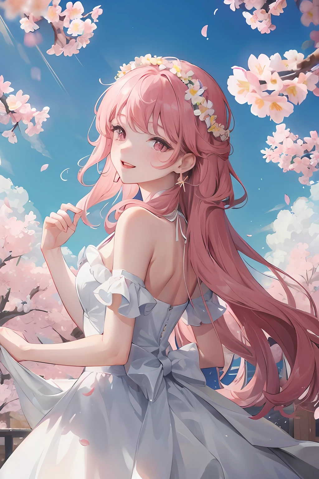 cherry_blossoms, falling_petals, petals, branch, pink_flower, 1girl,20-year-old, blue_sky, spring_\(season\), petals_on_liquid, flower, hanami, dress, (golden long curly hair: 1.5), wearing flower wreath, sky, outdoor, Clouds, bangs, smiles, pink eyes, white dress with cherry blossoms, bare shoulders, earrings, holding_flower, wind, trees, looking_at_viewer, cowboy shot, detail enhancement, perfect picture quality. best quality