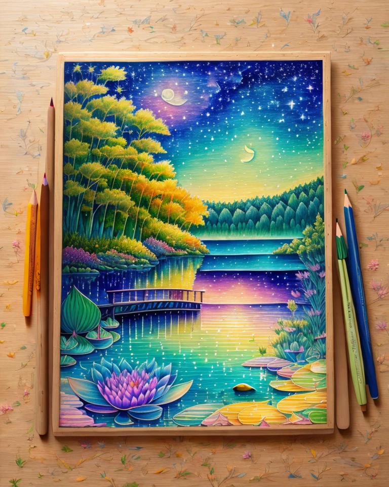 Colorful line drawing of peaceful lake at night, water plants, shooting stars, swans, moon, highly realistic and detailed painting, crayons, colored pencil
