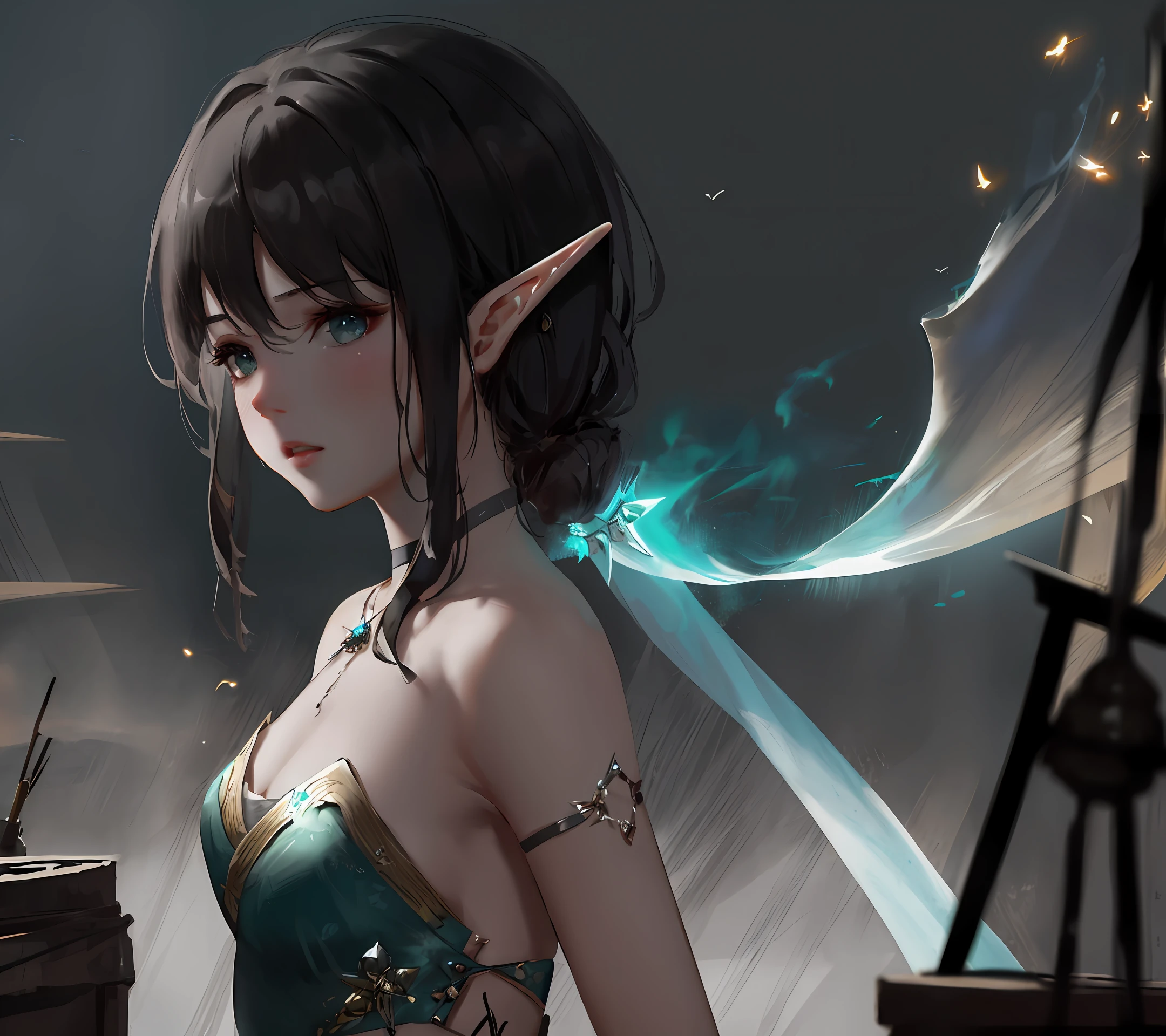 [hyper realistic:(unreal engine):realistic:,0.5,0.99:bezier], 1girl,(beautiful delicate face), (mist), (magic energy), stream of (genie magic:1.2), holy mage, elf,  oiled skin, upper body, looking at viewer, puffy disheveled hair, beautiful dress, (volumetric lighting), atmospheric perspective, dust particles, light shaft, by Wang Ling(wlop), (e_foxy:0.7), m_wlop, (e_landscape:0.7)
