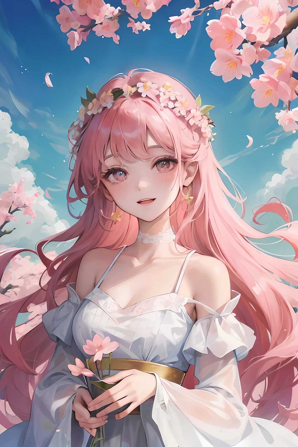 cherry_blossoms, falling_petals, petals, branch, pink_flower, 1girl,20-year-old, blue_sky, spring_\(season\), petals_on_liquid, flower, hanami, dress, (golden long curly hair: 1.5), wearing flower wreath, sky, outdoor, Clouds, bangs, smile, pink eyes, white dress with cherry blossoms, bare shoulders, earrings, best quality. Picture perfect. perfect hands. holding_flower, wind, tree, looking_at_viewer, cowboy shot, detail enhancement.