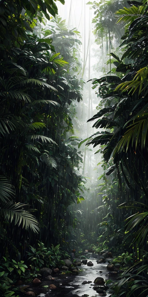 Jungle, heavy rainfall, monochrome, vines everywhere, huge and humid trees, masterpiece, best quality, high quality, very detailed CG unified 8k wallpaper, oil painting, award-winning photography, bokeh, depth of field, HDR, bloom, color difference, realism, very detailed, trends on artstation, trends on CGSociety, intricate, high detail, drama, midjourney art, volumetric lighting