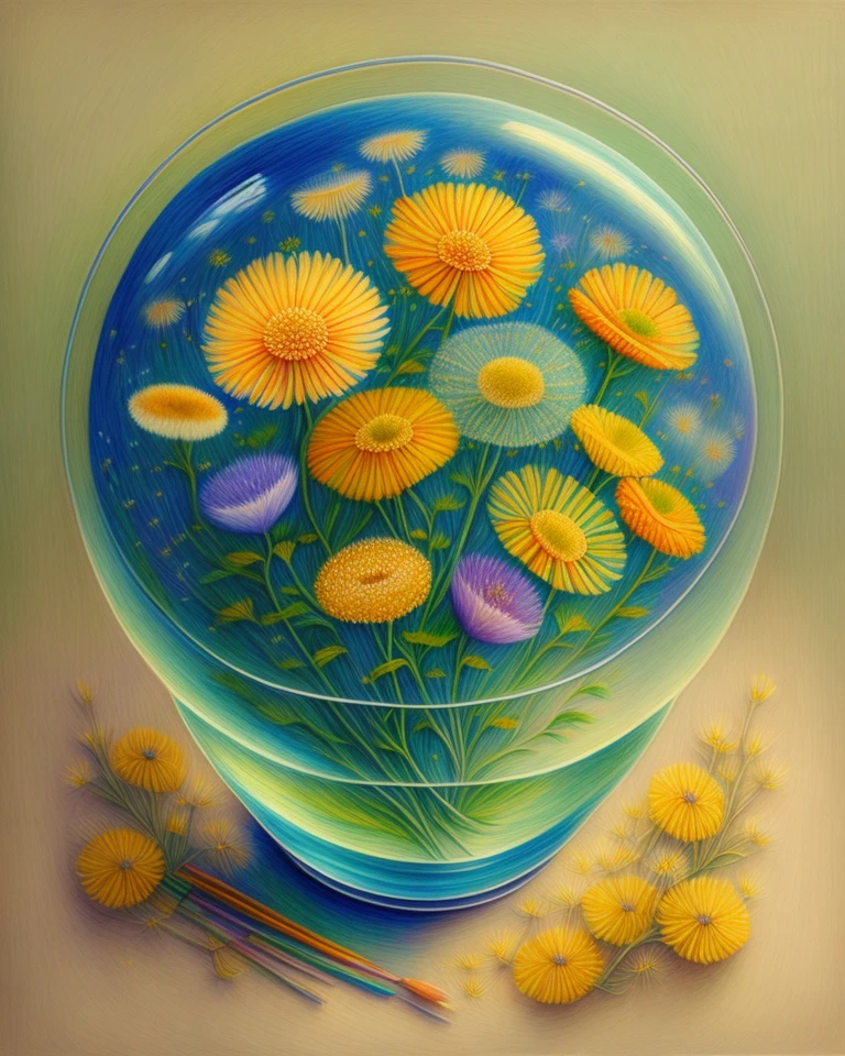 peaceful night, flowers, dandelions, dreamy, gradation, highly realistic and detailed painting, crayons, colored pencil, High Quality, High Resolution, hyper detail, masterpiece