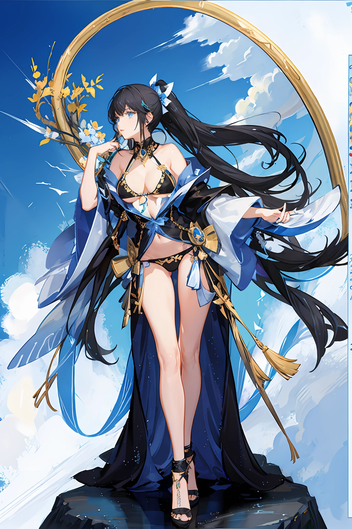 trading card style, art nouveau, standing, detailed face, detailed eyes, beautiful blue eyes, goddess, long ponytail, huge breasts, black and gold bikini, gold accessories, black hair