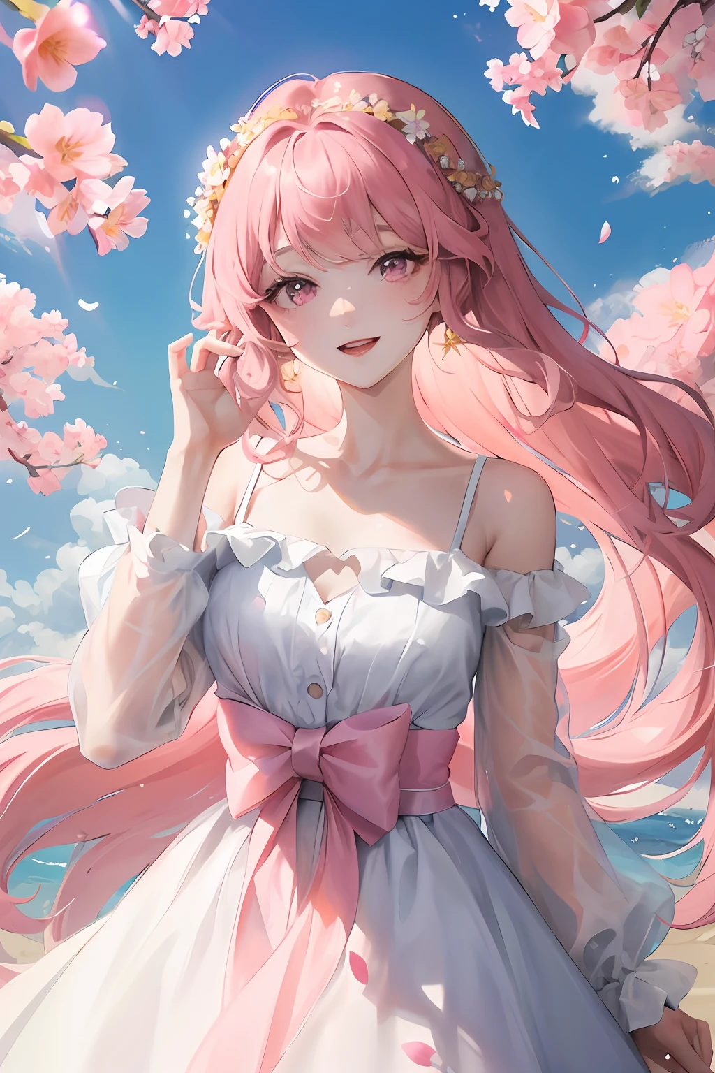cherry_blossoms, falling_petals, petals, branch, pink_flower, 1girl, 20-year-old, blue_sky, spring_\(season\), petals_on_liquid, flower, hanami, dress, (gold long curly hair: 1.5), wearing flower wreath, sky, outdoors, Clouds, bangs, smiles, pink eyes, white dress embellished with cherry blossoms, bare shoulders, perfect hands, hand details, repaired fingers. Earrings, holding_flower, wind, tree, looking_at_viewer, cowboy shot, best quality, rich details, perfect picture quality.