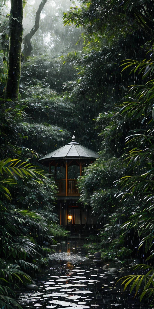 Jungle, Heavy Rain, Monochrome, Willow, Pavilion, Rain, Antique, Huge and Wet Trees, Masterpiece, Best Quality, Highly Detailed CG Unity 8k Wallpaper, Oil Painting, Award Winning Photography, Bokeh, Depth of Field, HDR, Flowers , chromatic aberration, photorealism, very detailed, artstation trend, intricate, high detail, drama, midway art, stereoscopic lighting