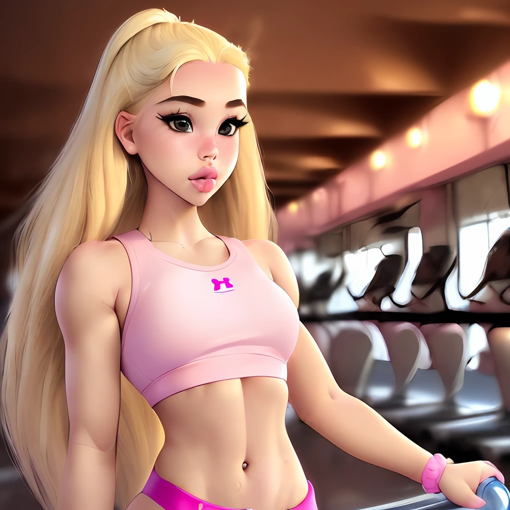 (dynamic angle),a cute and playful (((bimbo+loli+petite))) with (((blonde hair:1.2+long hair))), a laid-back attire consisting of a (((pink crop top))) and gym shorts, ((flat chest:0.8)),(((1 girl))), taking a sexy pose.