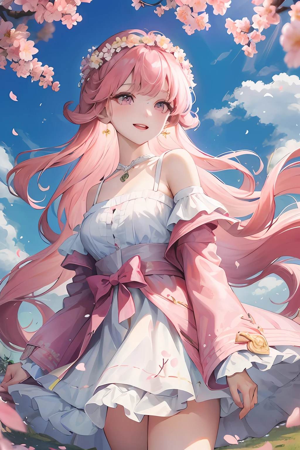 cherry_blossoms, falling_petals, petals, branch, pink_flower, 1girl,20-year-old, blue_sky, spring_\(season\), petals_on_liquid, flower, hanami, dress, (golden long curly hair: 1.5), wearing flower wreath, sky, outdoor, Clouds, bangs, smiles, pink eyes, white dress embellished with cherry blossoms, bare shoulders, earrings, details enhanced. Hand repair, perfect hand, holding_flower, wind, tree, looking_at_viewer, cowboy shot, best quality, rich details, perfect picture quality.