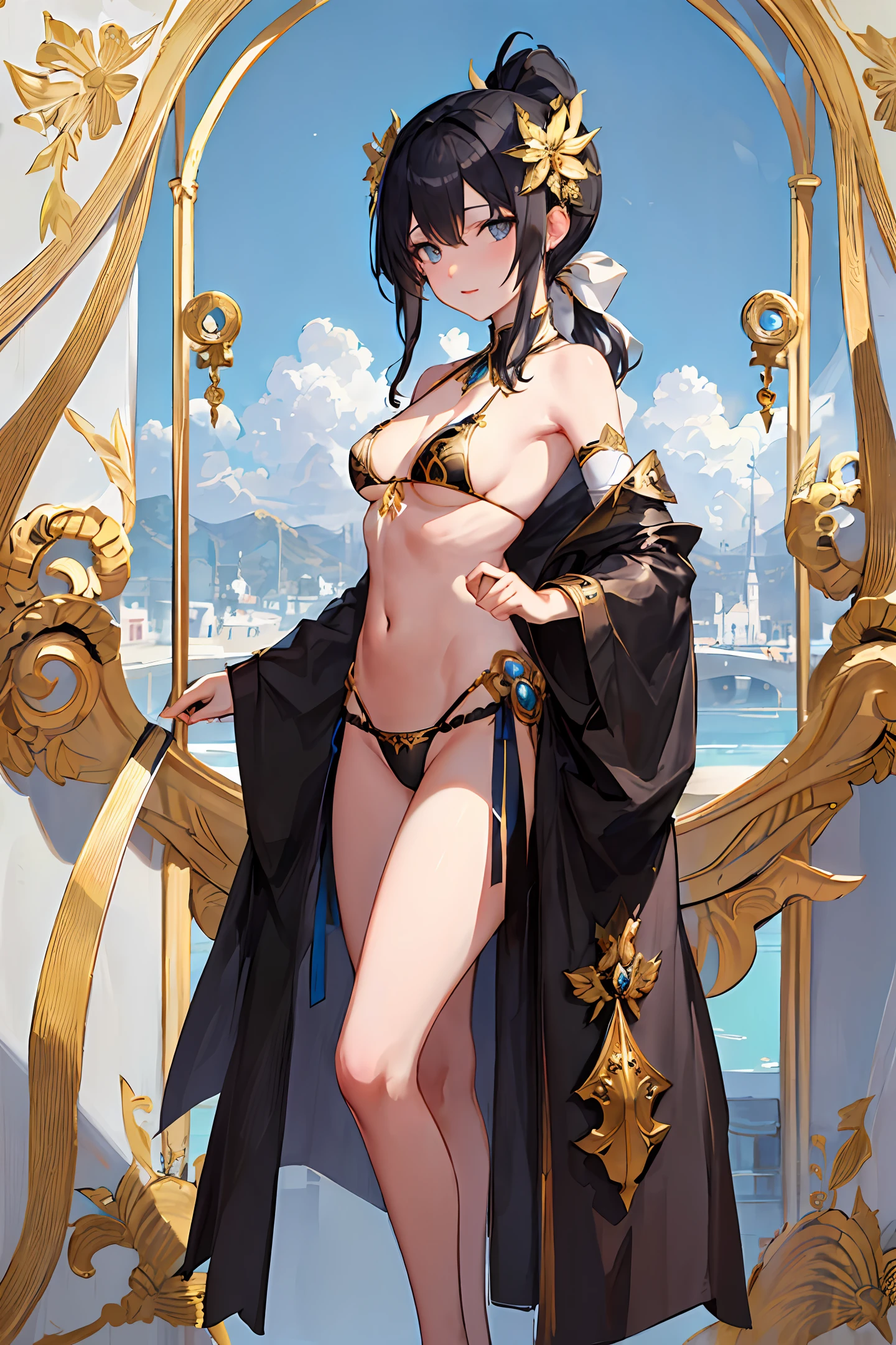 art nouveau, standing on clouds, detailed face, detailed eyes, blue eyes, slender woman, goddess, ponytail, gold accessories, black and gold bikini, gold accessories, black hair