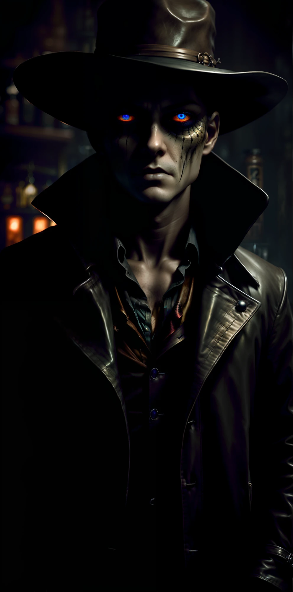 One men, a scary, intriguing, gunslinger, standing in a dusty dark saloon at the bar drinking a whiskey, long black hair tied low, m long leather trench coat with intricate details, hyperrealistic, hyperdetailed, dark eyes, 2 silver short barrel shotgun, 4k, hyper detailed, photorealistic, movement, hand on shotgun, slow-motion, masterpiece, digital painting, eerie, gloomy, dark lighting, detailed eyes, HDR, hyperrealistic, dark fantasy, detailed eyes, detailed skin