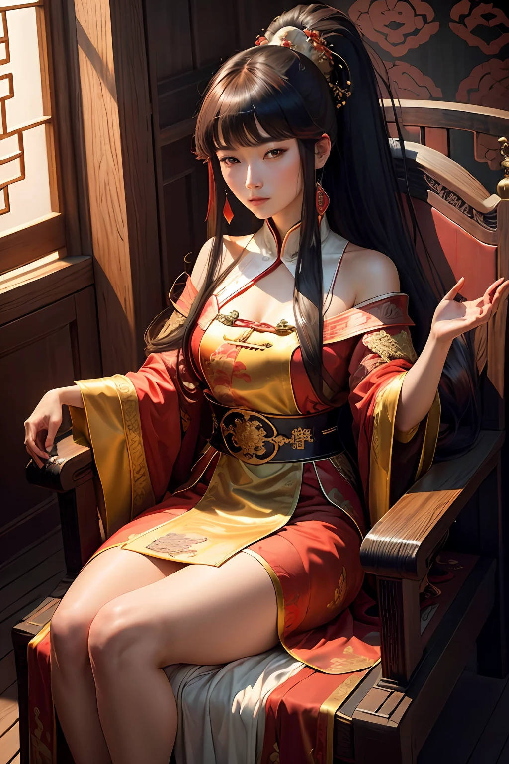 8k, masterpiece, superb banquet, young woman, ancient China, Chinese palace, red luxurious robe, split hair, long hair, long bangs, high ponytail, majestic, beautiful, Chinese palace, sitting on the throne