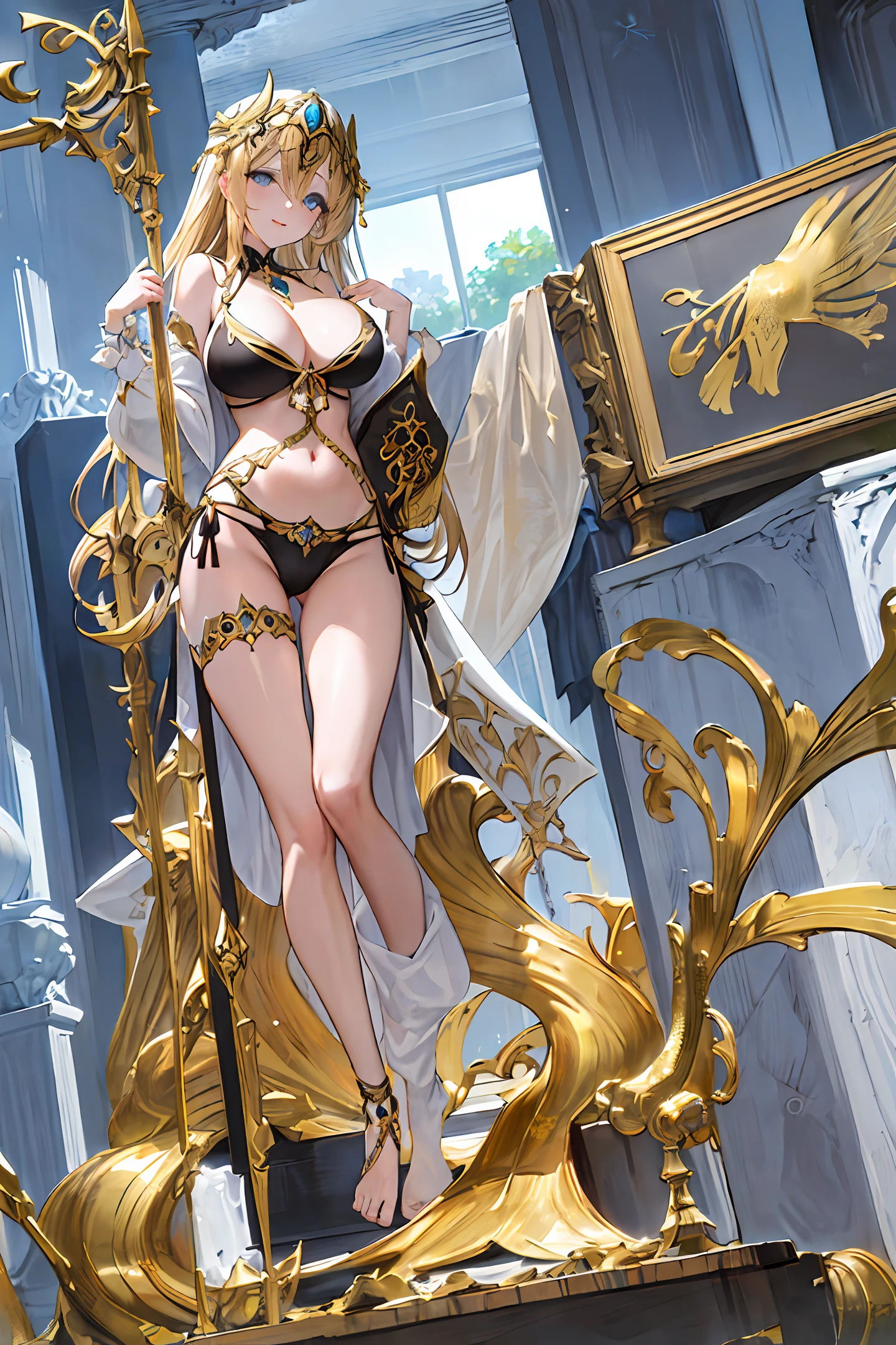 art nouveau, goddess, gigantic, floating, detailed face, detailed eyes, blue eyes, slender, happy, black and gold bikini, gold accessories, brown