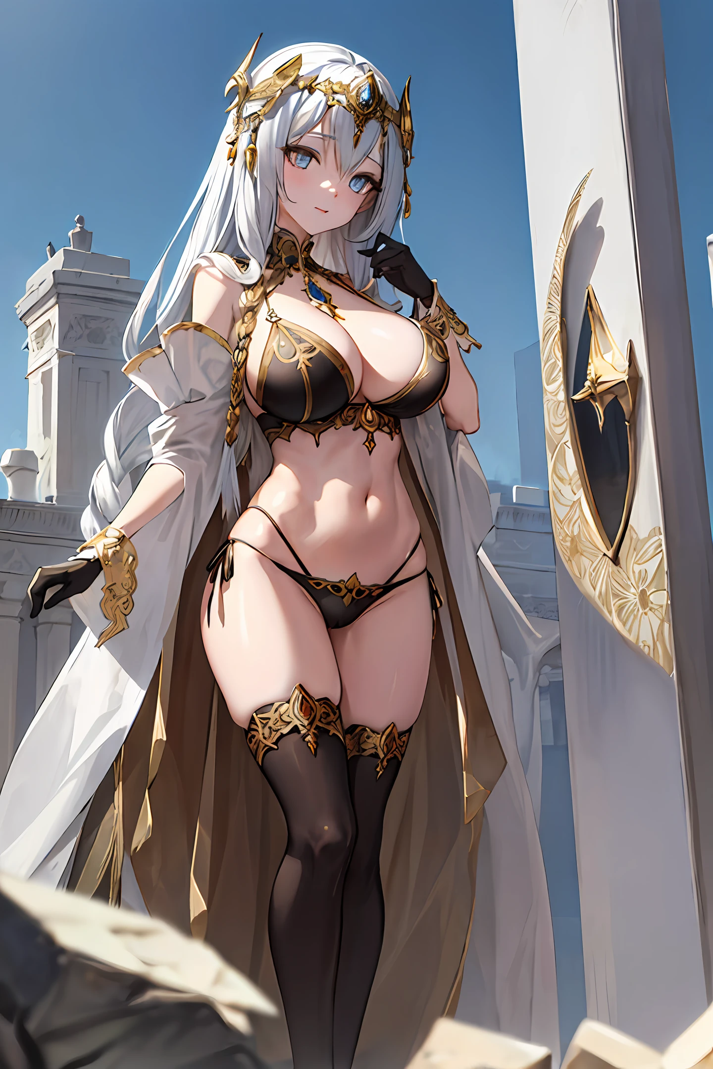 art nouveau, goddess, gigantic, floating, detailed face, detailed eyes, jeweled eyes, blue eyes, slender, perverted woman, black and gold bikini, gold accessories, brown