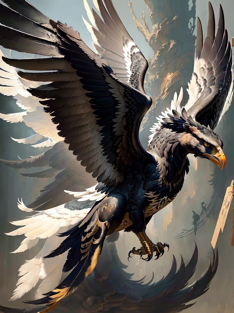 masterpiece, best quality, cat panther-eagle, sits beautifully, ((cat with wings)), black shiny feathers, black wool, graceful animal, harmonious beast, ((eagle head)), (((fur of the beast)) , ( (huge curved beak)), wings on the back, ((huge spread wings)), scary beautiful, ((beautifully detailed griffin)) ((extremely detailed CG Unity 8k wallpaper)) professional majestic oil painting by Ed Blinky, Atea Geylan, Studio Ghibli, Jeremy Mann, Greg Manches, Antonio Moro, ArtStation Featured, CGSociety Featured, Intricate, High Detail, Sharp Focus, Midjourney and Greg Rutkowski's dramatic photorealistic painting