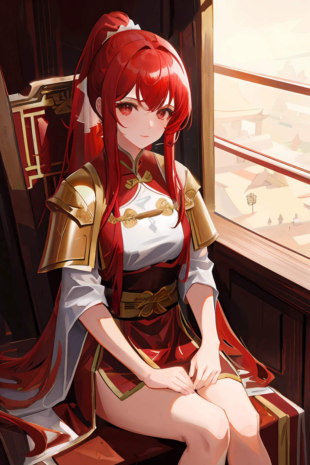 Dramatic lighting, highest quality, cinematic film still image, young woman, ancient China, palace interior, red luxurious robe, split hair, long hair, long bangs, high ponytail, majestic, beautiful, sitting, armor