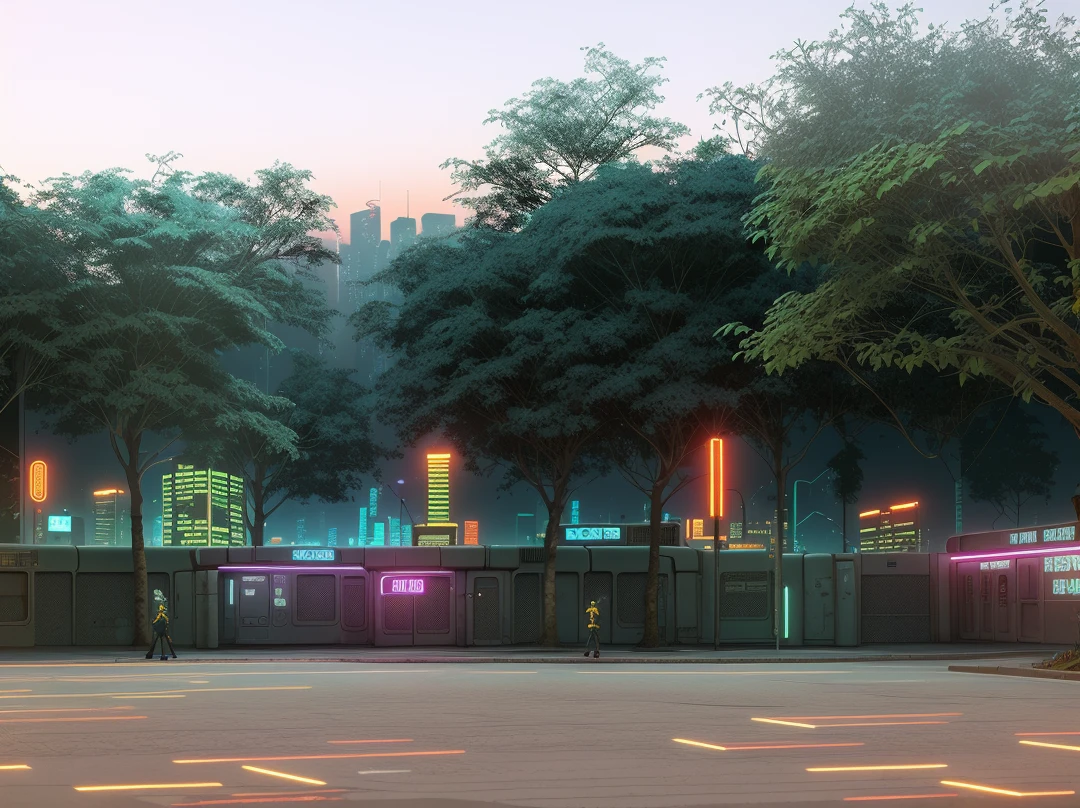 cyberpunk city,neon , clear blue night sky, trees in the background