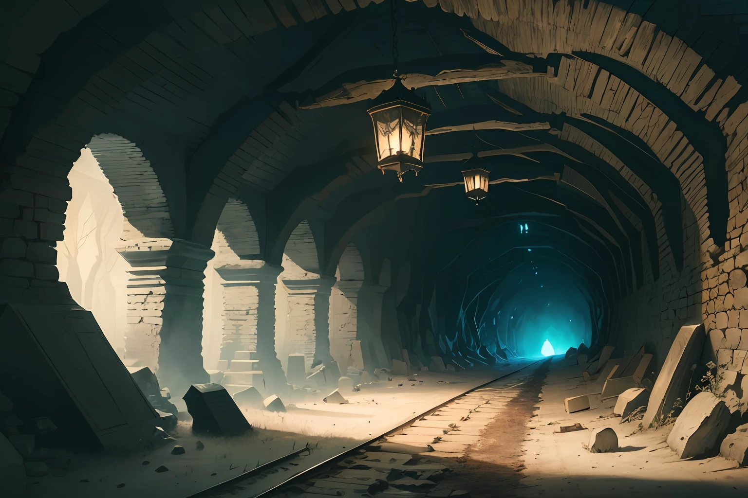Underground, cave, tombstone, dark and deep, horror, spider, evil, cobweb, space refraction, super fine, cobweb, strong contrast, cold light on the left, warm light on the right, backlight, sharp, underground ruins