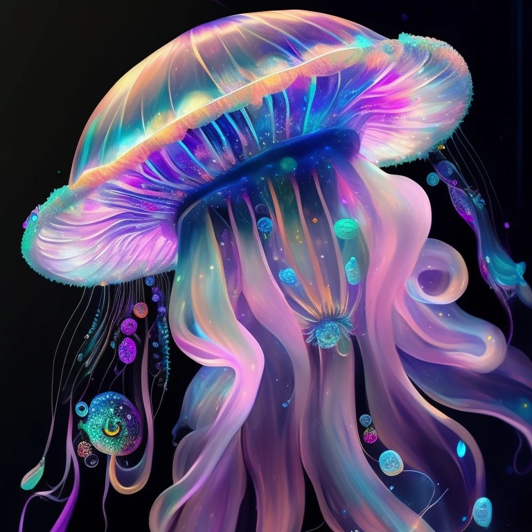a jellyfish with a lot of bubbles floating around it's head and body, with a black background , chaingirldark style cyberpunk, sci-fi, fantasy, intricate, elegant, highly detailed, digital painting, artstation, concept art, shining, sharp focus, illustration, art by stanley lau