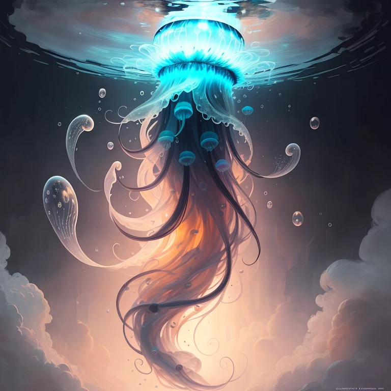 a jellyfish with a lot of bubbles floating around, with a black background, flaying in the clouds, fantasy, intricate, elegant, highly detailed, very realistic details, digital painting, artstation, concept art, shining, sharp focus, illustration