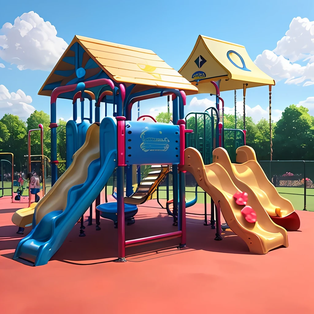 yellow and blue playground equipment with a red roof and slide, with a park in the back ground, adventure playground accident, playground, people falling off a playground, children playground, at the park, urban playground, a park, at the park on a beautiful day, at a park, adventure playground, photo - shot, trending photo, from the waist up, blue slide park