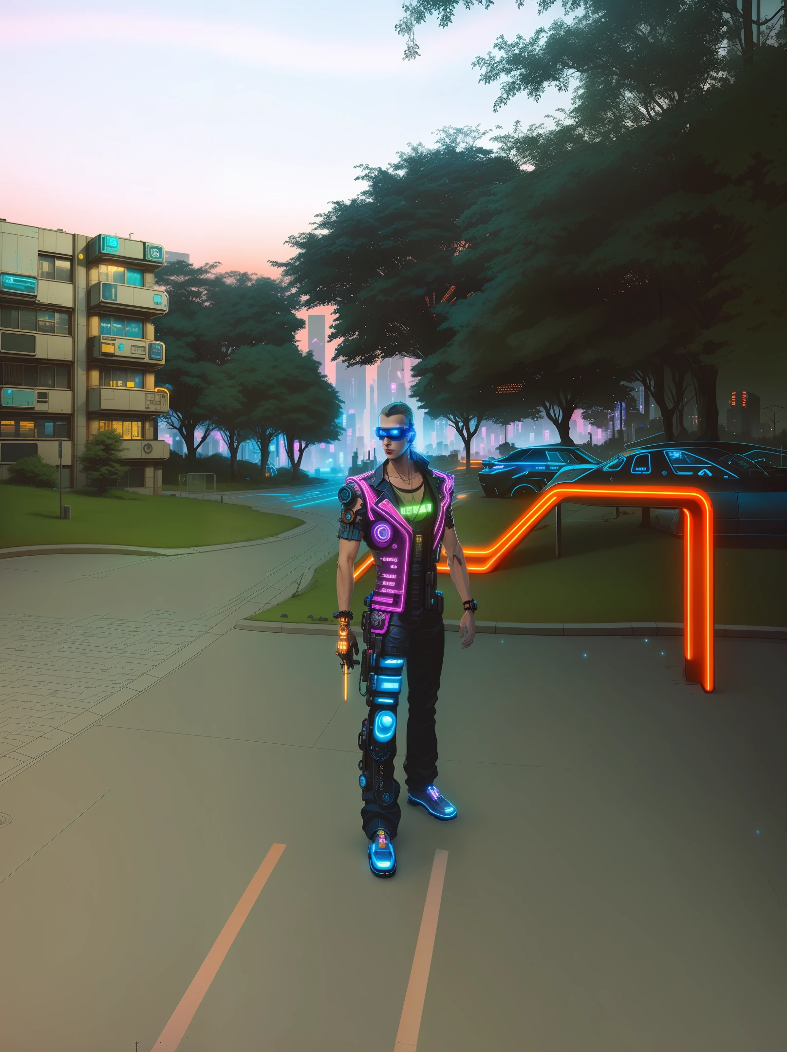 cyberpunk city, neon , clear blue night sky, trees in the background, lean muscular man flexing, steampunk man flexing