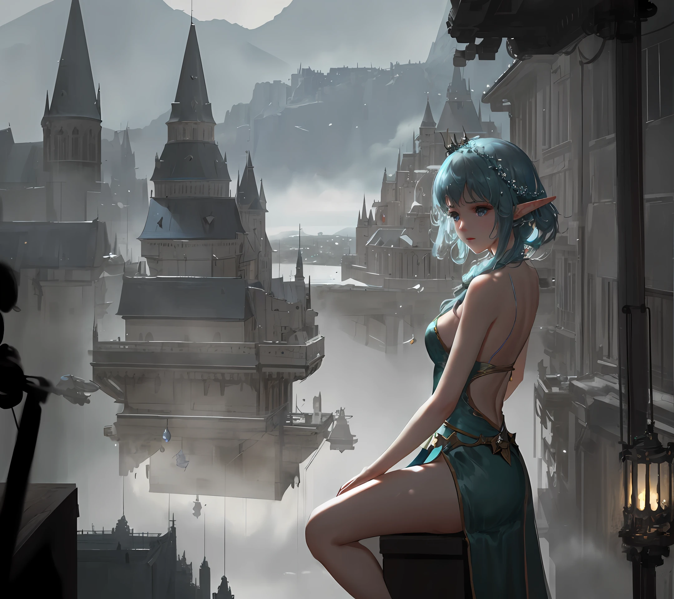 [hyper realistic:(unreal engine):realistic:,0.5,0.99:bezier], petite 1girl,(beautiful delicate face), (mist), (magic energy), stream of (genie magic:1.2), holy mage, elf,  oiled skin, upper body, looking at viewer, puffy disheveled hair, beautiful dress, (volumetric lighting), atmospheric perspective, dust particles, light shaft,by Wang Ling(wlop),(e_foxy:0.7), m_wlop, (e_landscape:0.7)