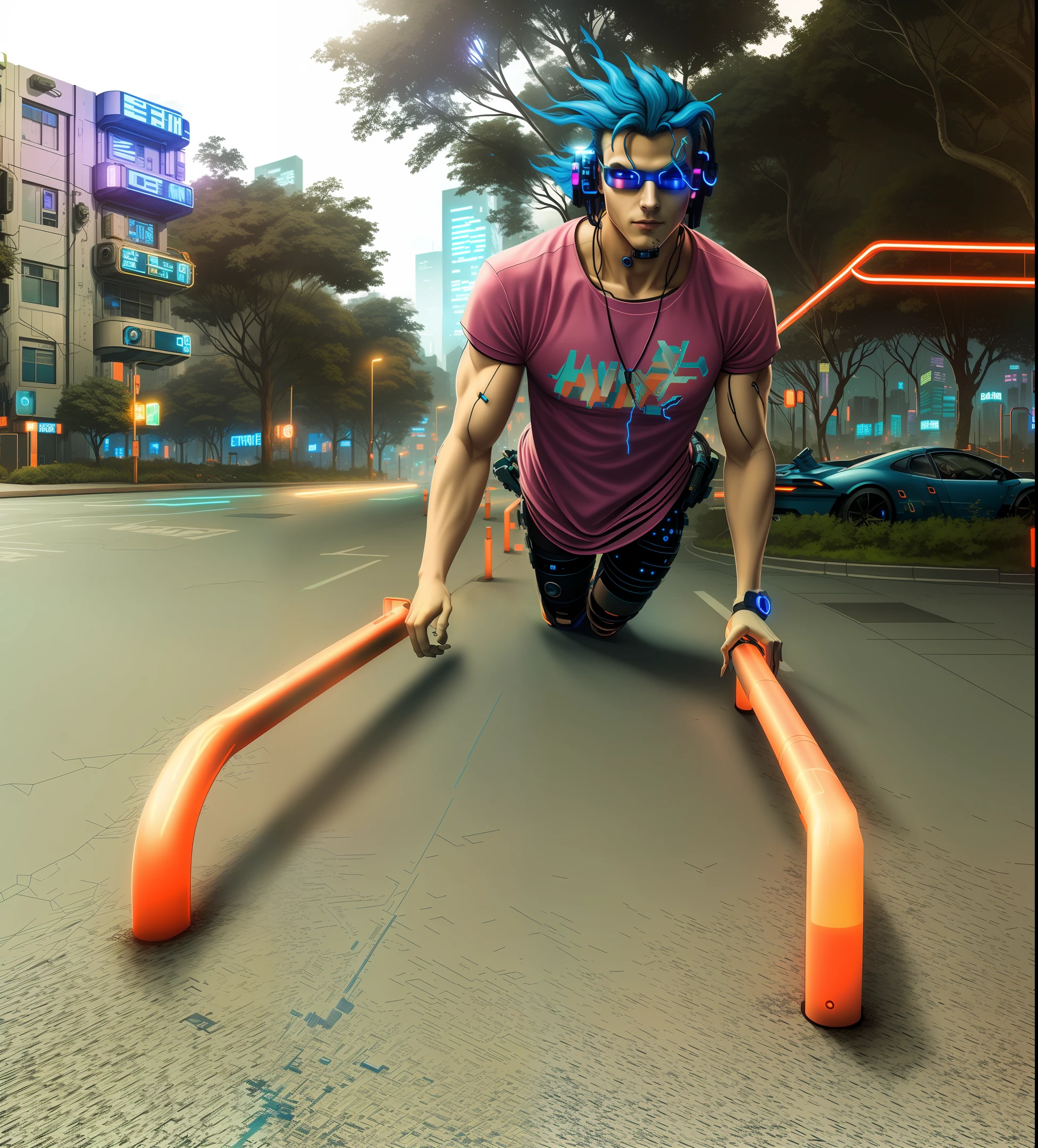 cyberpunk city, neon , clear blue night sky, trees in the background, lean muscular man flexing, keep facial features.
