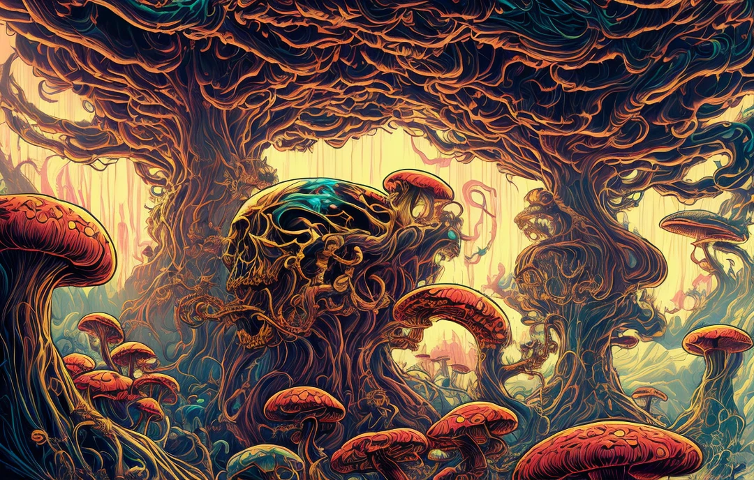 &quot;Extremely epic illustrations in the style of (dan mumford:1.4): gigantic skulls in glowing pastel colors and gold against a backdrop of fantastically beautiful mushrooms, intricate, dramatic lighting It is unforgettable, but the (thick line: 1.5) and thick outline make the whole work more unique and unique, and the low-detail processing also fully highlights the characteristics of the illustration&#39;s contemporary artistic atmosphere.&quot;