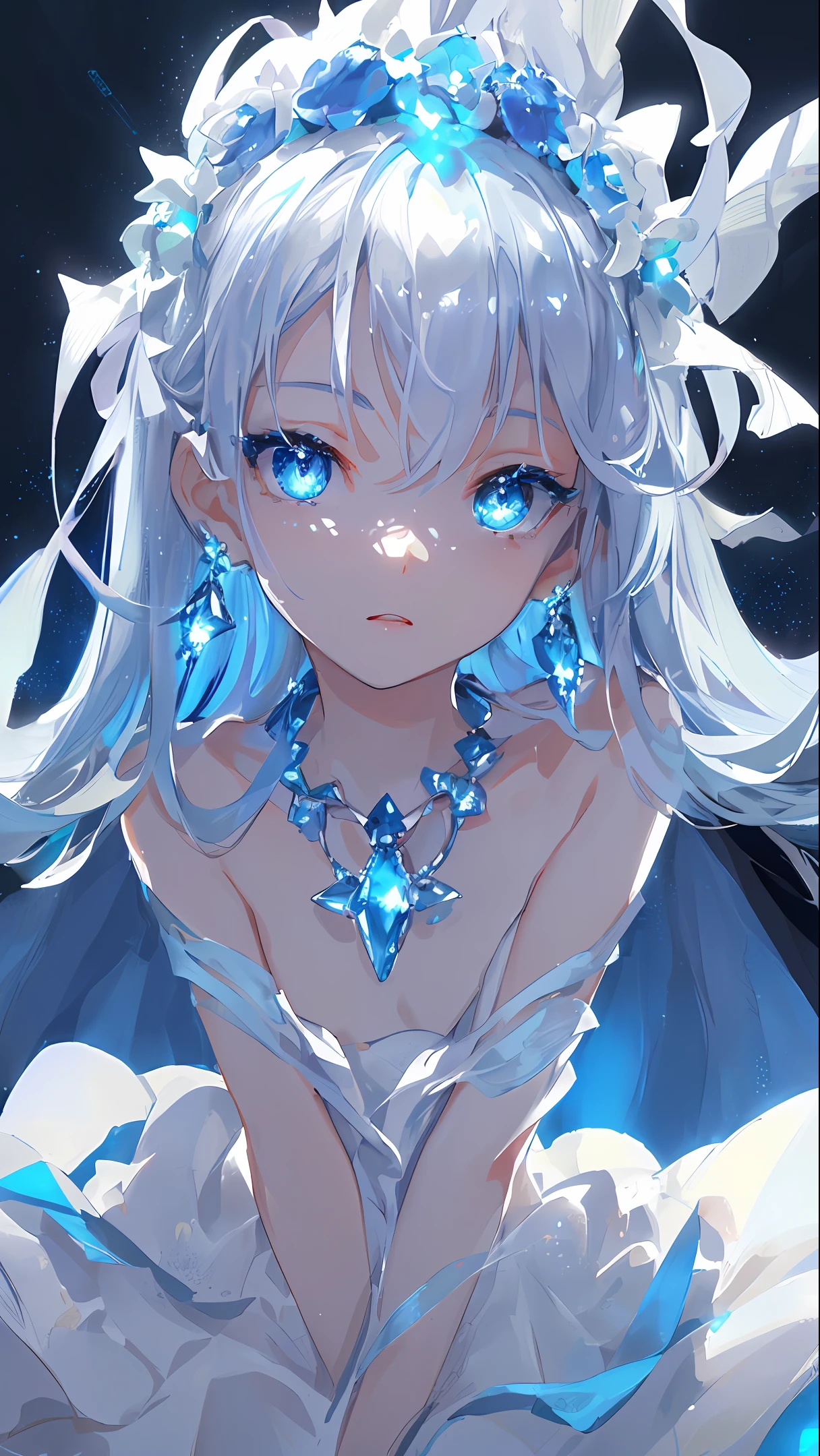 masterpiece, best quality, illustration, sax blue, platinum earrings, platinum necklace, white dress, 1girl, cute, (dynamic lighting:1.2), cinematic lighting, delicate facial features, detailed eyes, sharp pupils, realistic pupils, depth of field, bokeh, sharp focus, (hyper-detailed, bloom, glow:1.4), many small gems